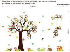 Forest Monkey, Tree, Owls, cute animals kids removable wall sticker