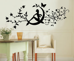Floral and moon in Black wall decals Removable Wall Sticker
