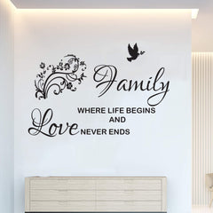 "FAMILY Where life begins and love never ends" Quote Removable wall decal