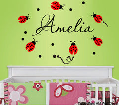 Personalised Name & 6 ladybugs Removable wall sticker Wall decal