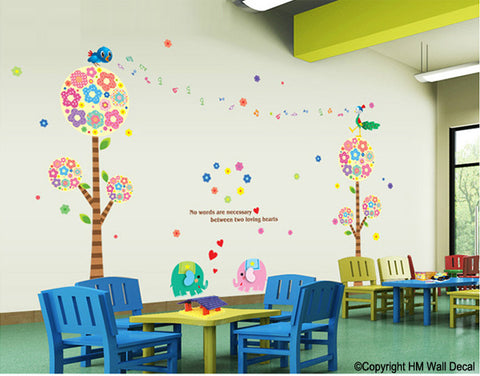 Cot side, Nursery or Kids room Floral tree with cute animals DIY Removable Wall Decal