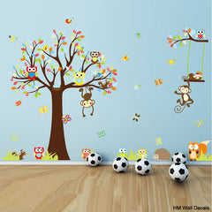 Forest Monkey, Tree, Owls, cute animals kids removable wall sticker