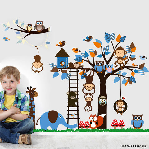 Forest Monkey, Tree and cute animals kids removable wall sticker