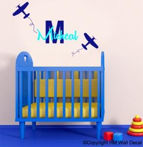 Personalised Name & 2 airplanes Removable wall sticker for kids / Nursery