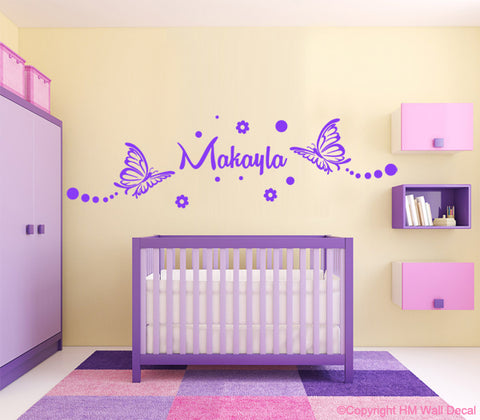 Personalised Name & 2 butterflies Nursery or Kids room Removable wall sticker Wall Sticker Decal