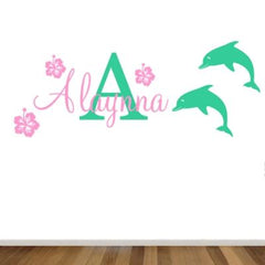 Personalised Name & Dolphin, Hibiscus, Nursery/ Kids room Removable wall sticker