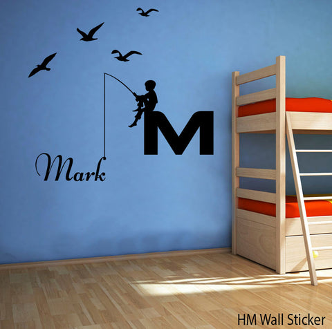 Boy fishing removable wall decal for kids or nursery