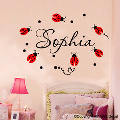 Personalised Name & 6 ladybugs Removable wall sticker Wall decal