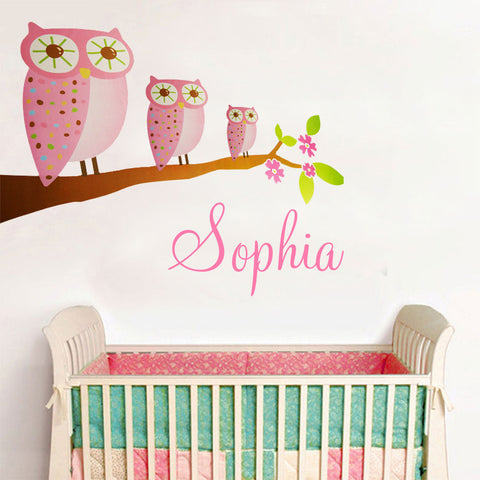 3 Pink Owls & Personalised name kids Wall Sticker Kids Room