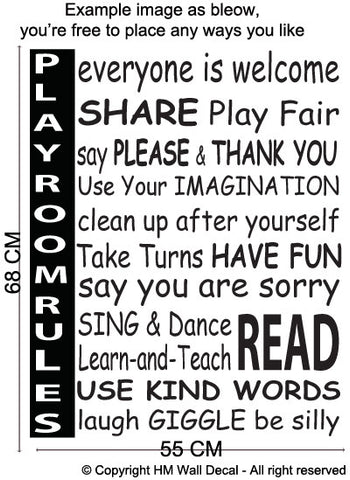 Playroom Rules Wall Art Decal for home or School and Kindergarden