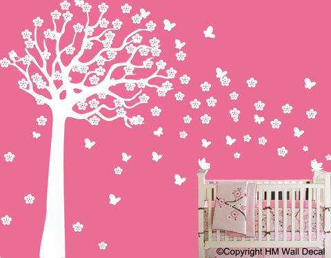 225 cm Height Cot Side tree with butterflies, birds, flowers DIY Removable Wall Sticker