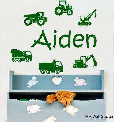 Customise name & construction Trucks and crane Kids / Nursery removable Wall Sticker Decal